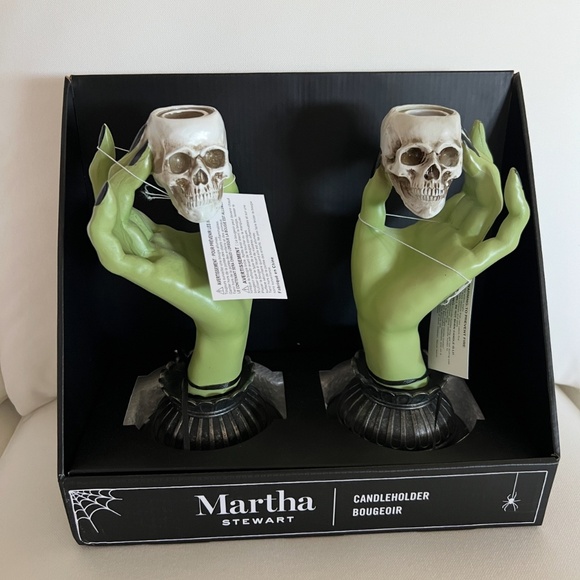 NEW Martha Stewart Witch Tapered Candle Holders Set of 2 Green Skull Halloween - Picture 1 of 4